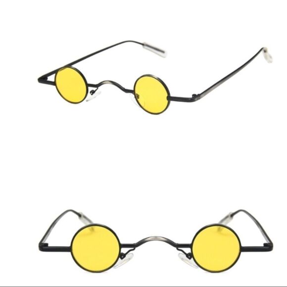 Mini Round Yellow Lens Gray Metal Frame Sunglasses Sunnies NEW - Picture 1 of 4